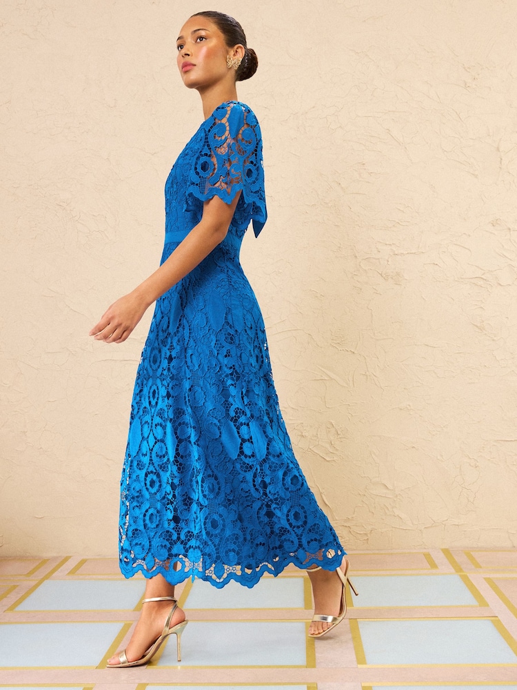knee length dresses for ladies Aurore Blue Floral-appliqu Lace Midi Dress S / Blue