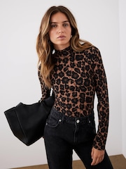 Mint Velvet Brown Animal Print High Neck Top - Image 3 of 8