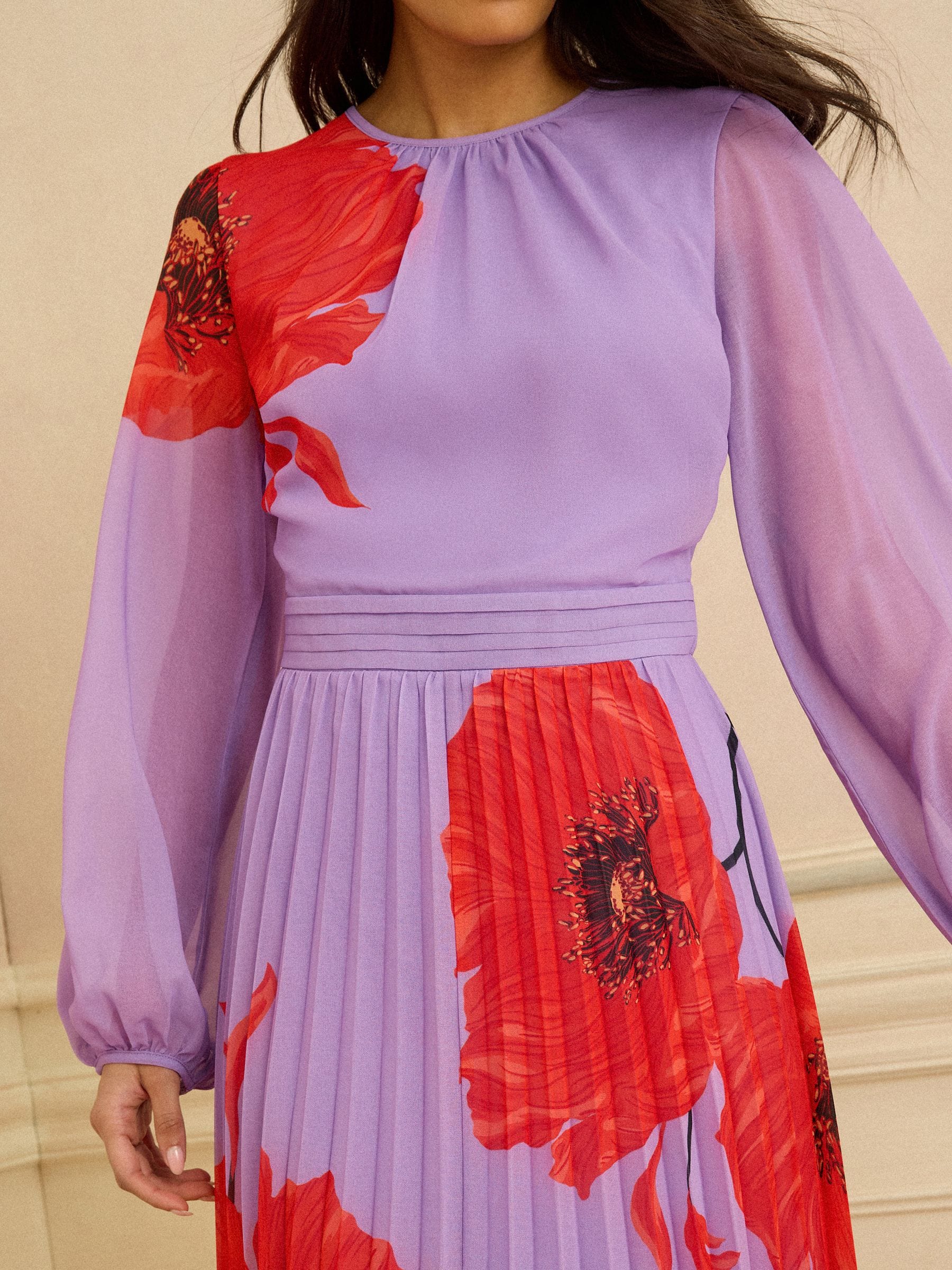 Buy Love & Roses Lilac Red Poppy Chiffon Pleated Midi Dress from