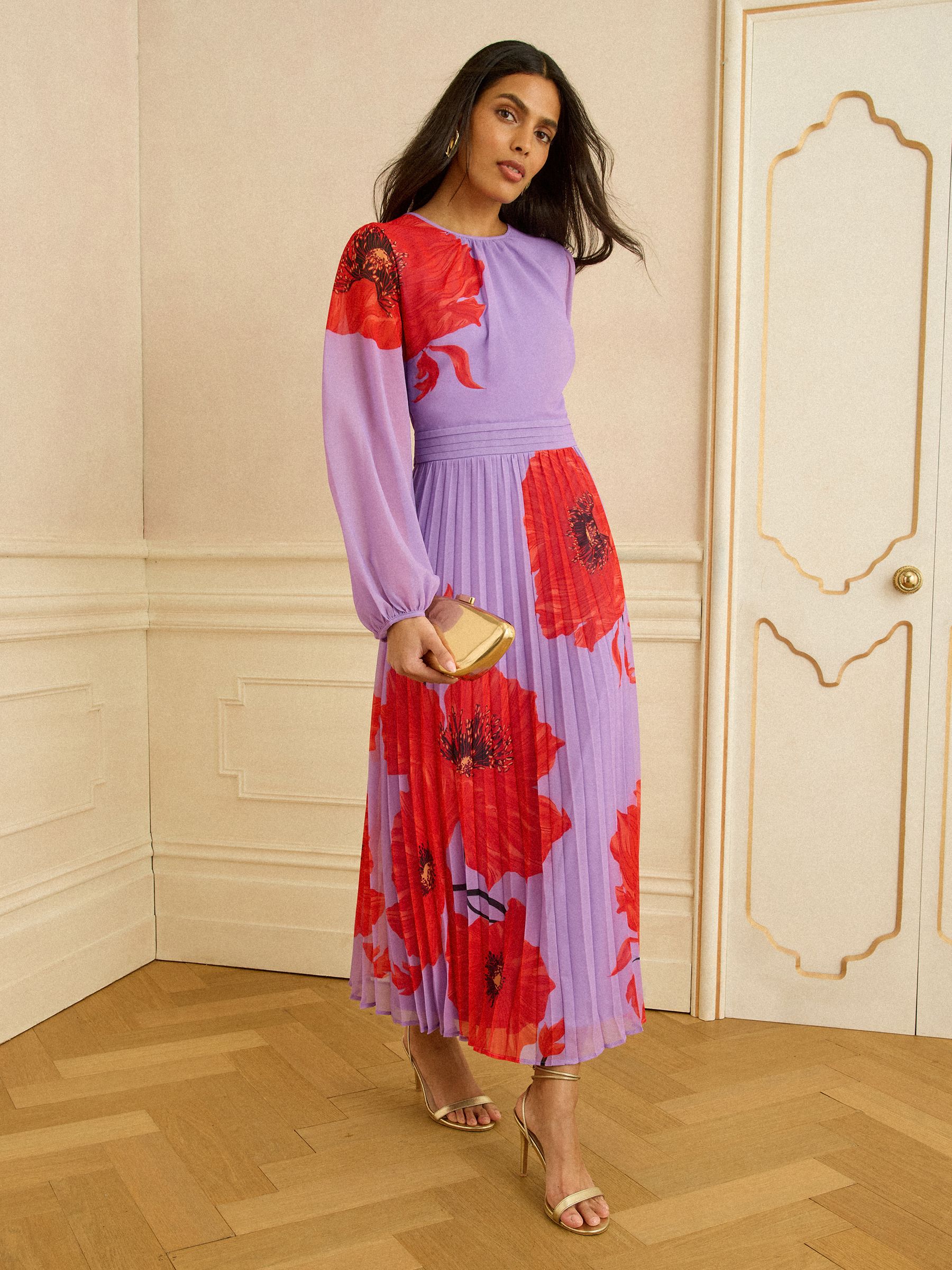 Buy Love & Roses Lilac Red Poppy Chiffon Pleated Midi Dress from