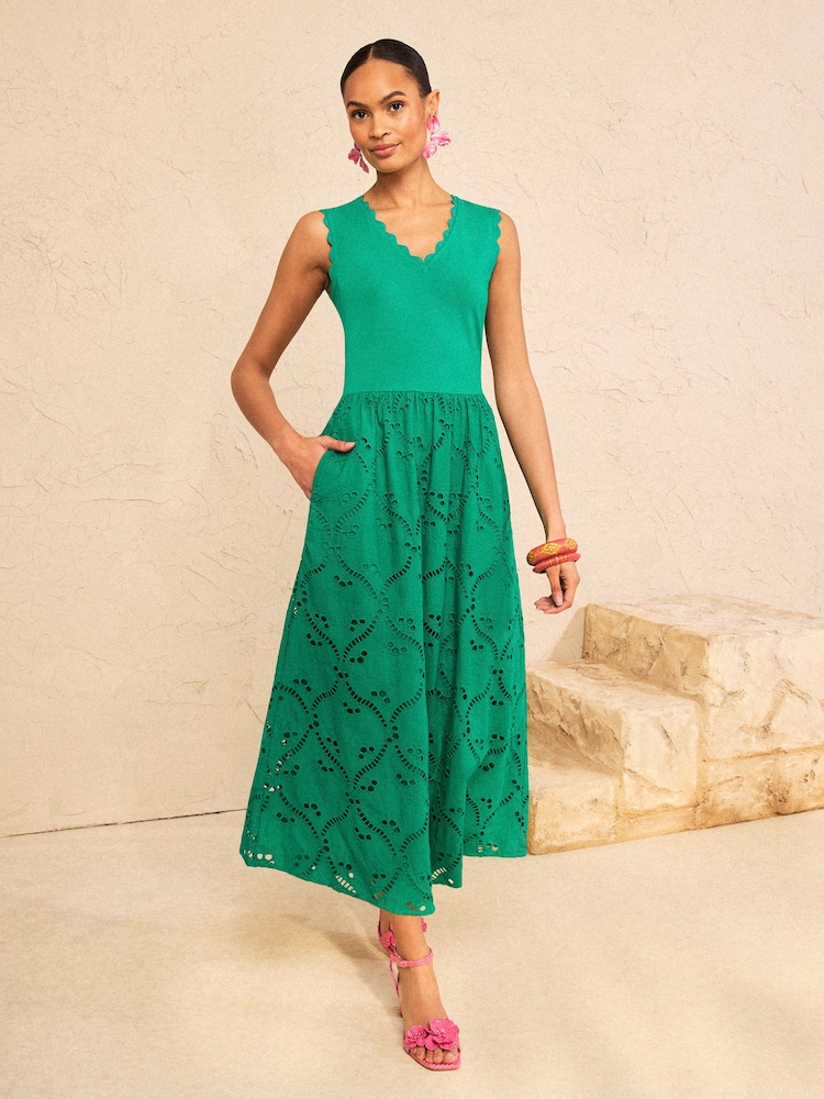 Love & Roses Bright Green V-Neck Broderie Skirt Jersey Midi Dress - Image 1 of 4 Love & Roses Bright Green V-Neck Broderie Skirt Jersey Midi Dress - Image 1 of 4