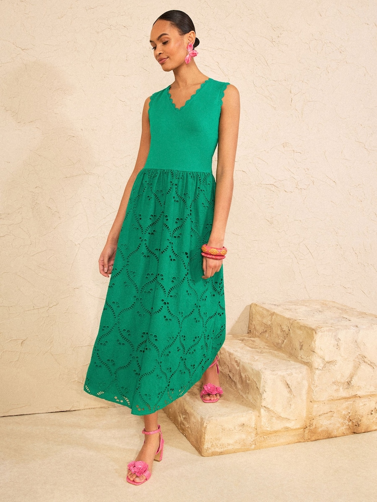 Love & Roses Bright Green V-Neck Broderie Skirt Jersey Midi Dress - Image 2 of 4 Love & Roses Bright Green V-Neck Broderie Skirt Jersey Midi Dress - Image 2 of 4