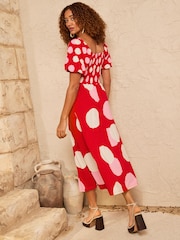 Love & Roses Red Polka Dot Shirred Puff Sleeve Jersey Midi Dress - Image 2 of 4