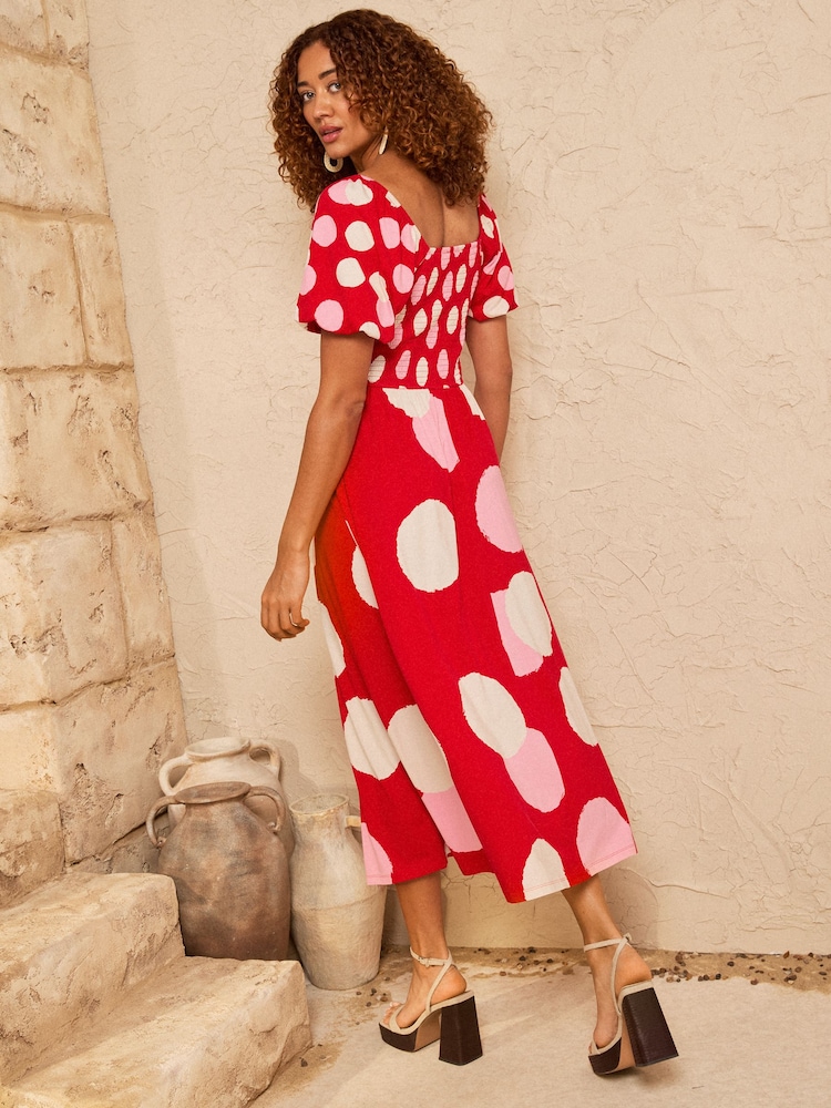 Love & Roses Red Polka Dot Shirred Puff Sleeve Jersey Midi Dress - Image 2 of 4