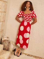 Love & Roses Red Polka Dot Shirred Puff Sleeve Jersey Midi Dress - Image 3 of 4