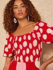 Love & Roses Red Polka Dot Shirred Puff Sleeve Jersey Midi Dress - Image 4 of 4