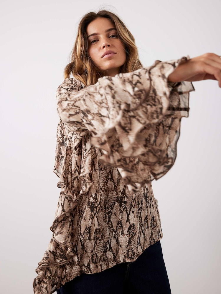 Mint Velvet Brown Snake Print Ruffle Detail Blouse - Image 2 of 8 Mint Velvet Brown Snake Print Ruffle Detail Blouse - Image 2 of 8