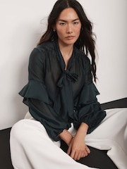 Mint Velvet Green Pussy Bow Ruffle Blouse - Image 1 of 8