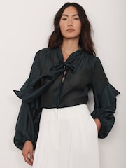 Mint Velvet Green Pussy Bow Ruffle Blouse - Image 4 of 8