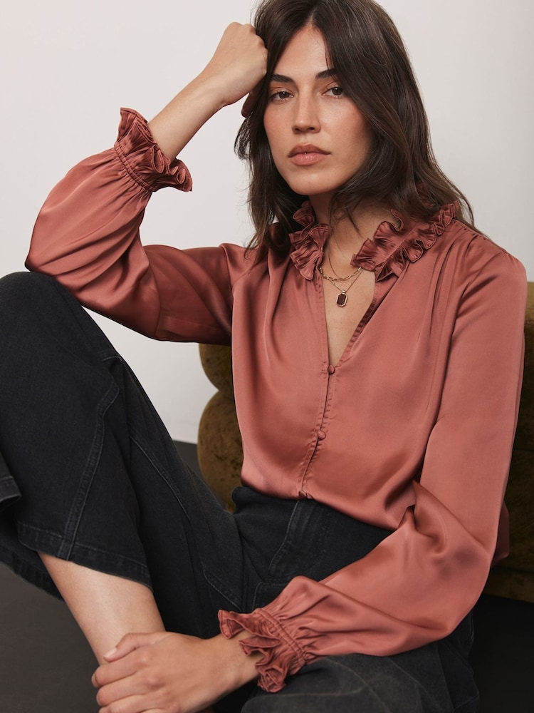 Mint Velvet Pink Ruffle Satin Blouse - Image 1 of 8