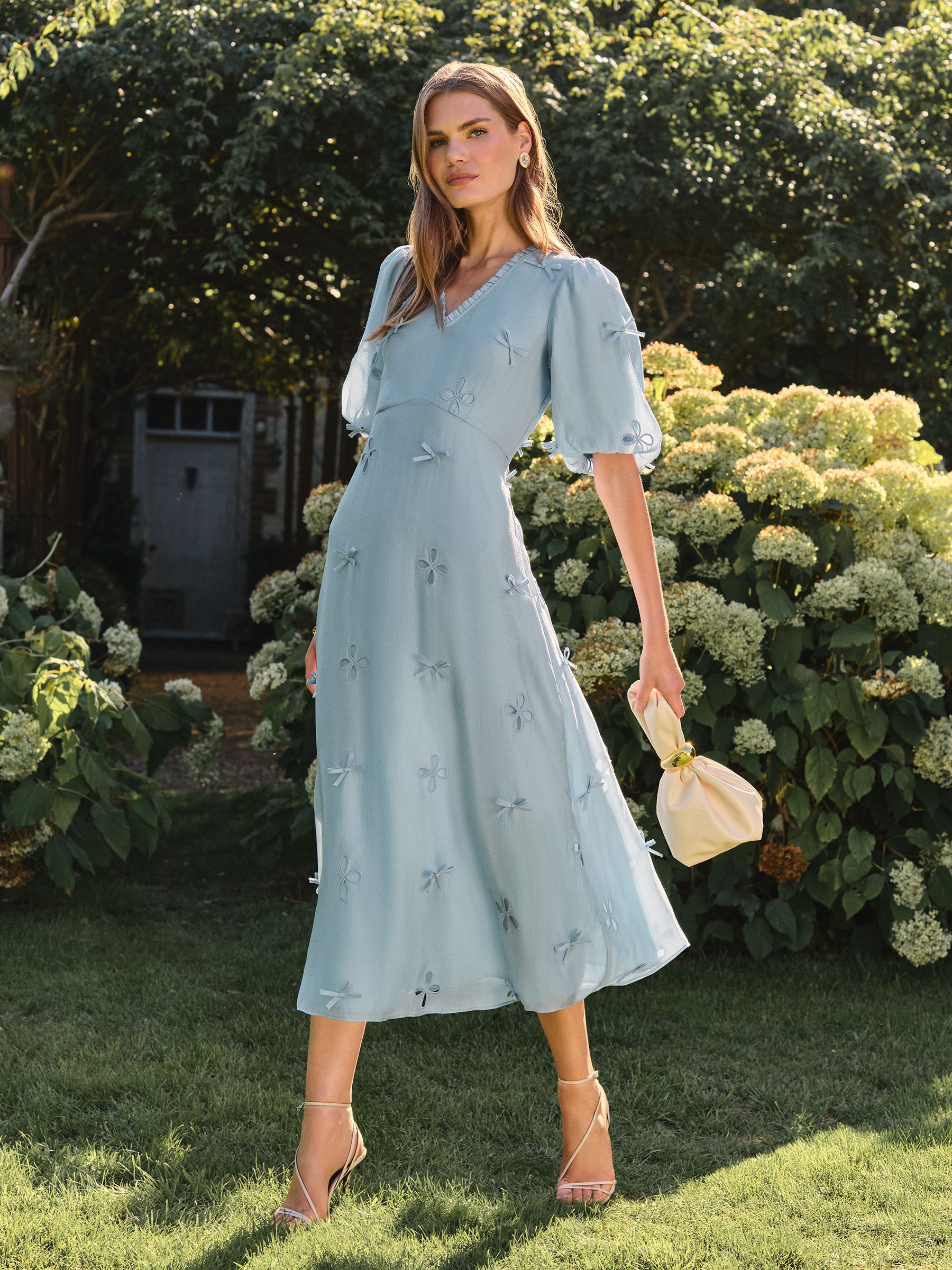 Buy Love & Roses Pale Blue Petite Bow Puff Sleeve V-Neck Midi