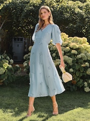 Love & Roses Pale Blue Petite Bow Puff Sleeve V-Neck Midi Dress - Image 1 of 4
