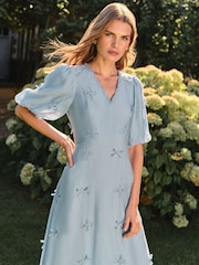Love & Roses Pale Blue Petite Bow Puff Sleeve V-Neck Midi Dress - Image 2 of 4