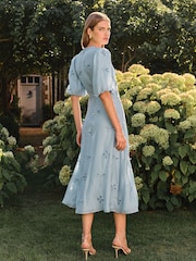 Love & Roses Pale Blue Petite Bow Puff Sleeve V-Neck Midi Dress - Image 3 of 4