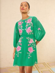 Love & Roses Green Floral Petite Embroidered Shift Mini Dress - Image 1 of 4