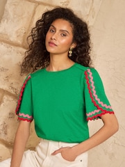 Love & Roses Bright Green Crew Neck Ric Rac Sleeve Scallop T-Shirt - Image 1 of 4