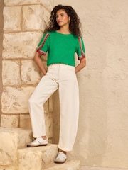 Love & Roses Bright Green Crew Neck Ric Rac Sleeve Scallop T-Shirt - Image 3 of 4