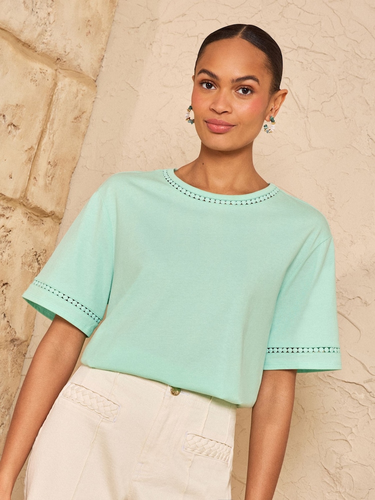 Love & Roses Mint Green Crochet Trim Crew Neck Boxy T-Shirt - Image 1 of 4