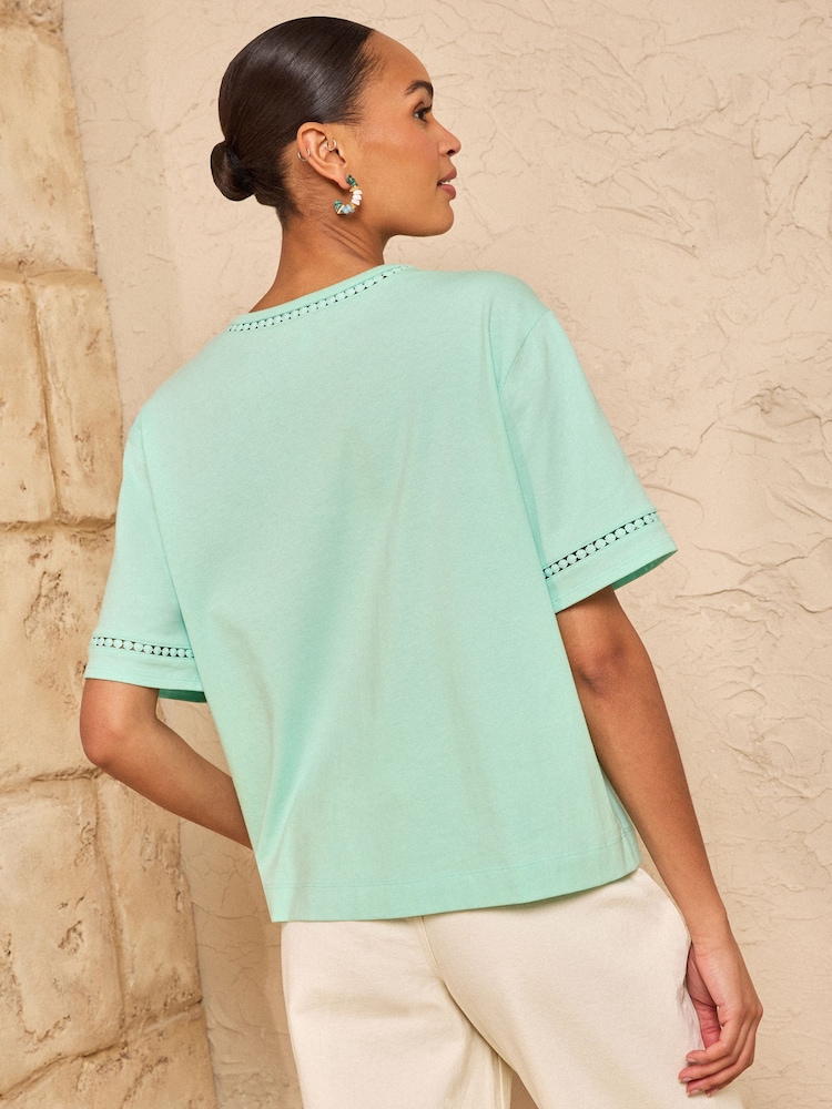 Love & Roses Mint Green Crochet Trim Crew Neck Boxy T-Shirt - Image 4 of 4