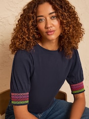 Love & Roses Navy Rainbow Shirred Cuff Trim Short Sleeve Jersey Top - Image 1 of 4