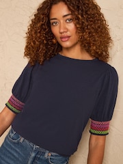 Love & Roses Navy Rainbow Shirred Cuff Trim Short Sleeve Jersey Top - Image 2 of 4