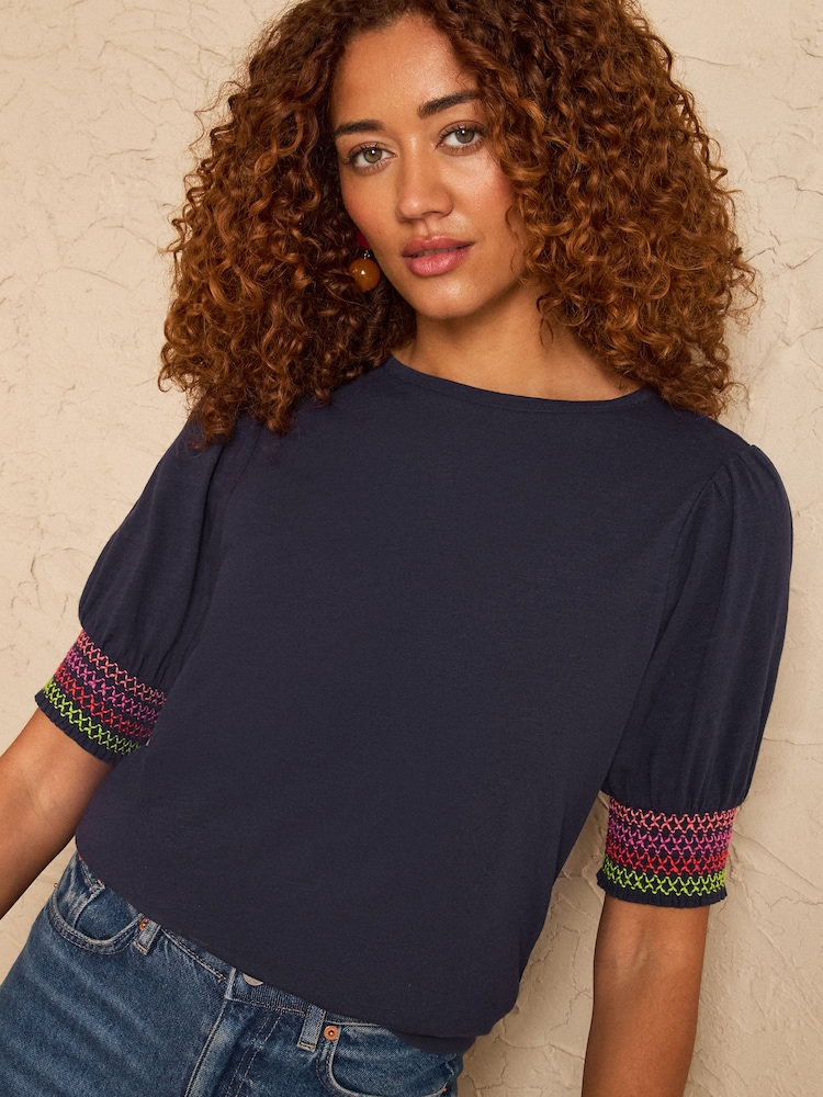 Love & Roses Navy Rainbow Shirred Cuff Trim Short Sleeve Jersey Top - Image 2 of 4