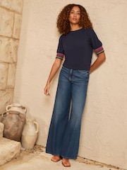 Love & Roses Navy Rainbow Shirred Cuff Trim Short Sleeve Jersey Top - Image 3 of 4