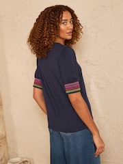Love & Roses Navy Rainbow Shirred Cuff Trim Short Sleeve Jersey Top - Image 4 of 4