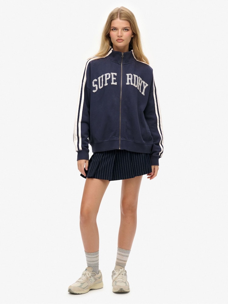 Superdry Blue Athletic Essentials Applique Loose Zip Track Top - Image 1 of 7 Superdry Blue Athletic Essentials Applique Loose Zip Track Top - Image 1 of 7