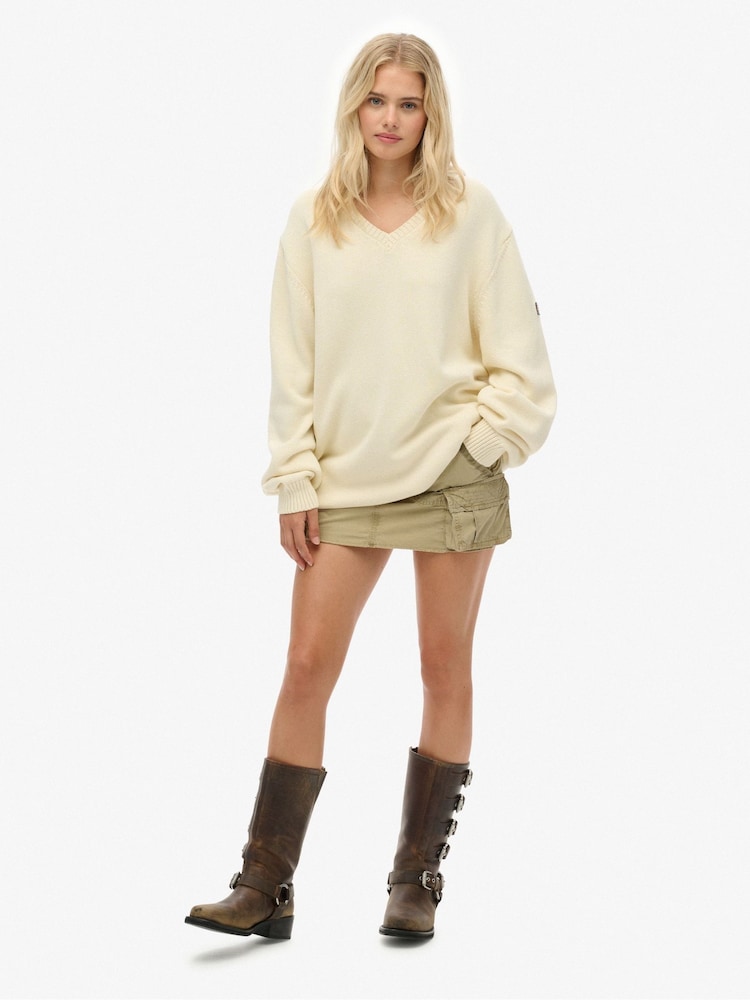 Superdry White Oversized V-Neck Jumper - Image 1 of 6 Superdry White Oversized V-Neck Jumper - Image 1 of 6