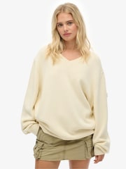 Superdry White Oversized V-Neck Jumper - Image 3 of 6