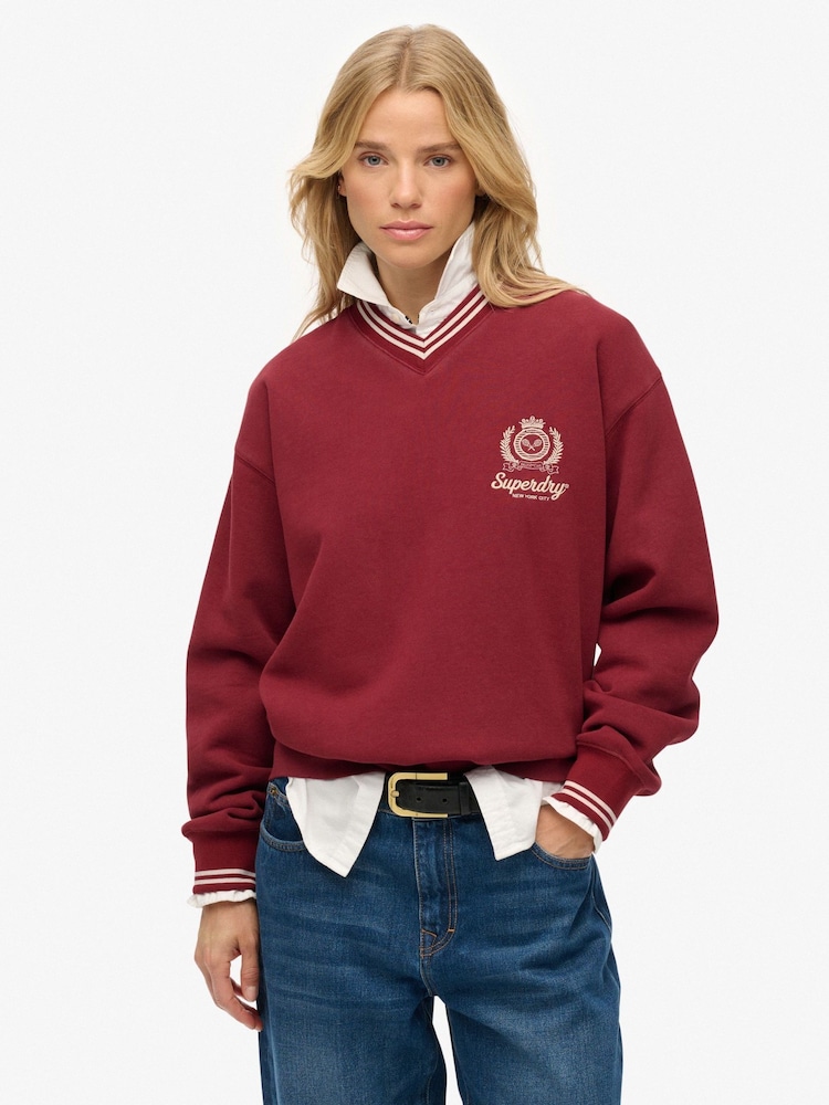 Superdry Red Country Club V-Neck Sweattop - Image 1 of 7