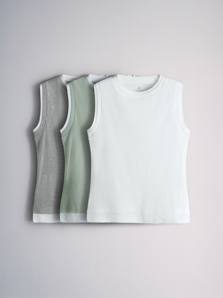 The Set 3 Pack Double Layer Vests Light Grey/Pale Khaki/White - Image 1 of 13 The Set 3 Pack Double Layer Vests Light Grey/Pale Khaki/White - Image 1 of 13