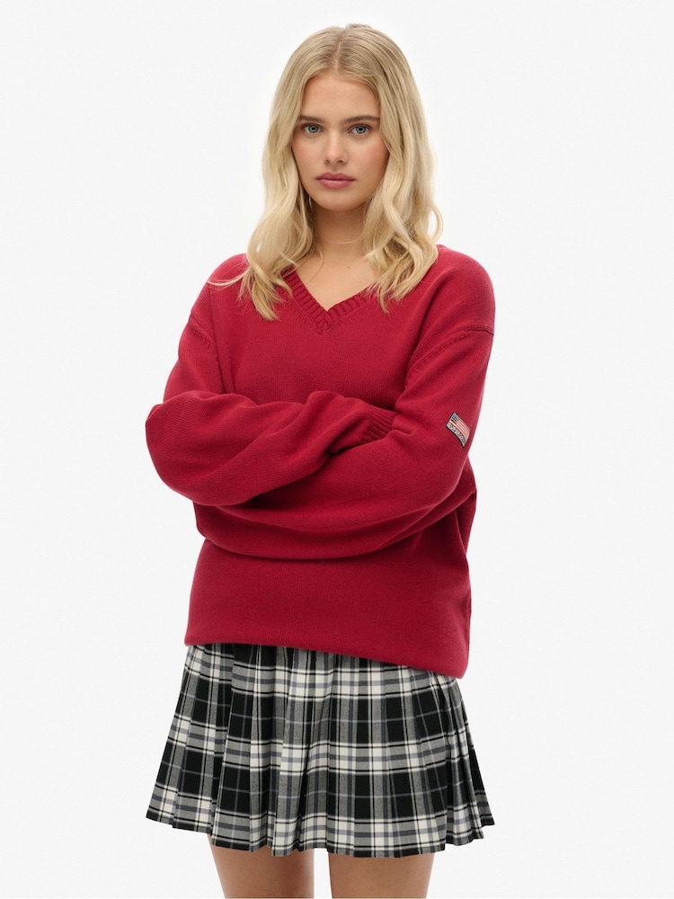 Superdry Red Oversized V-Neck Jumper - Image 2 of 6 Superdry Red Oversized V-Neck Jumper - Image 2 of 6