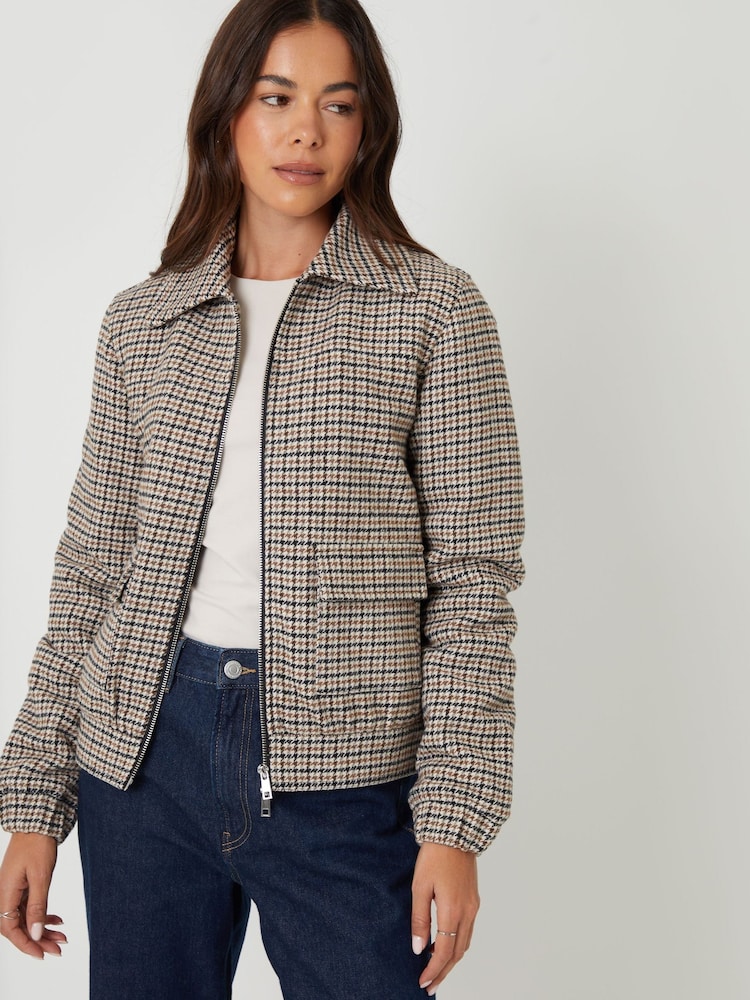 Threadbare Tan Brown Houndstooth Check Faux Wool Jacket - Image 2 of 5 Threadbare Tan Brown Houndstooth Check Faux Wool Jacket - Image 2 of 5