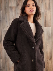Threadbare Brown Longline Borg Coat - Image 4 of 4