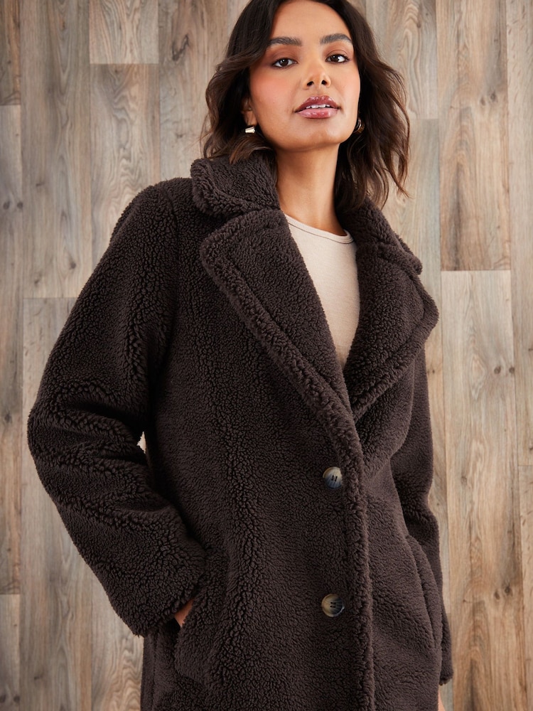 Threadbare Brown Longline Borg Coat - Image 4 of 4