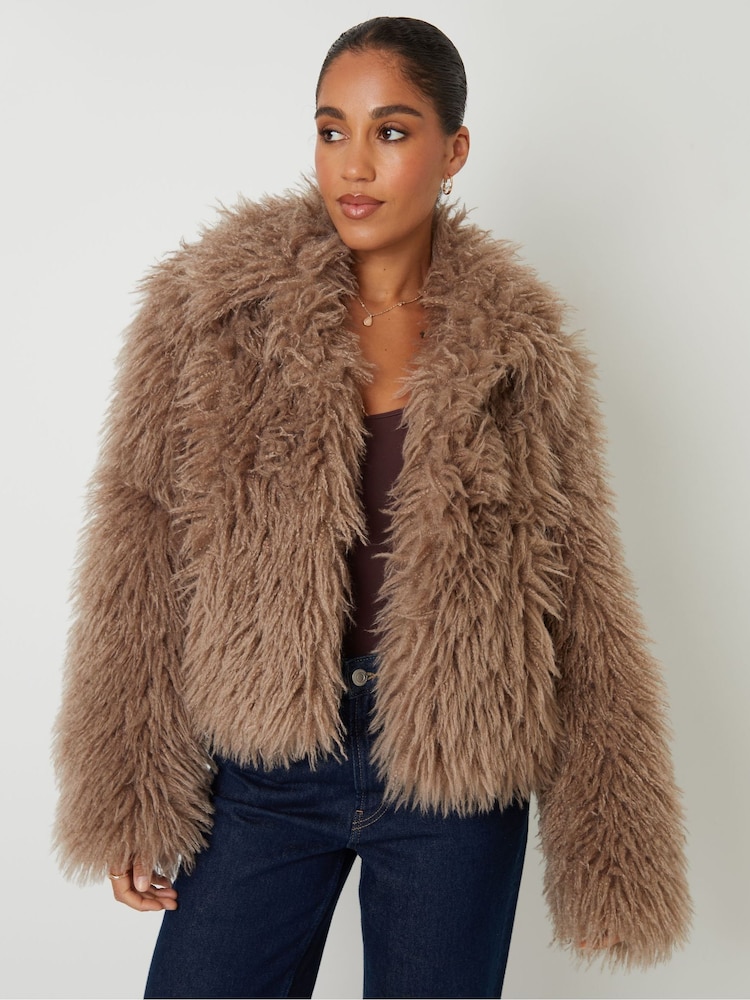 Threadbare Brown Collared Faux Fur Coat - Image 2 of 5 Threadbare Brown Collared Faux Fur Coat - Image 2 of 5