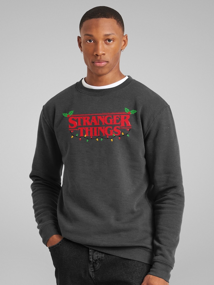 All + Every Grey Stranger Things Christmas Lights & Holly Logo Sweatshirt - Image 1 of 4