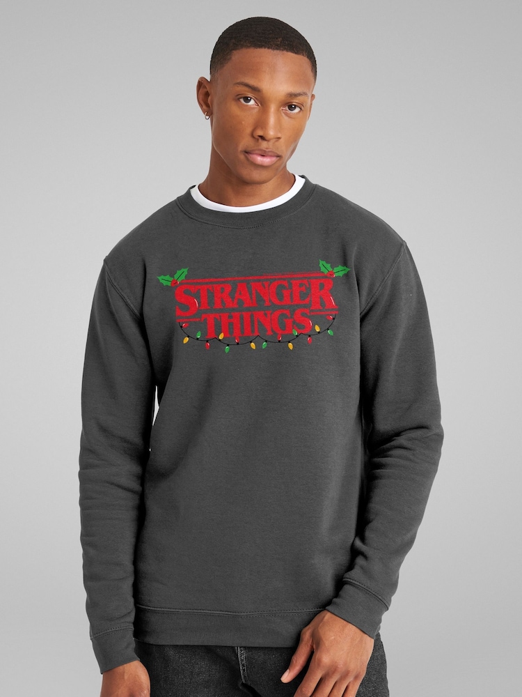 All + Every Grey Stranger Things Christmas Lights & Holly Logo Sweatshirt - Image 2 of 4