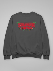 All + Every Grey Stranger Things Christmas Lights & Holly Logo Sweatshirt - Image 3 of 4