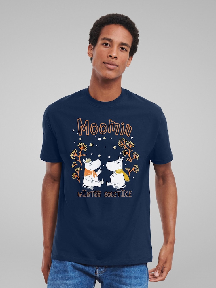 All + Every Blue Moomin Winter Solstice Moomintroll & Snorkmaiden In The Snow T-Shirt - Image 1 of 4 All + Every Blue Moomin Winter Solstice Moomintroll & Snorkmaiden In The Snow T-Shirt - Image 1 of 4