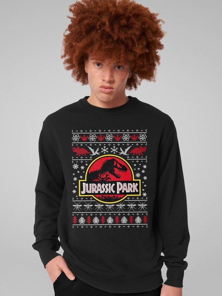All + Every Black Jurassic Park Logo Christmas Knit Pattern Sweatshirt - Image 1 of 4 All + Every Black Jurassic Park Logo Christmas Knit Pattern Sweatshirt - Image 1 of 4