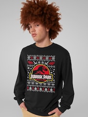 All + Every Black Jurassic Park Logo Christmas Knit Pattern Sweatshirt - Image 2 of 4