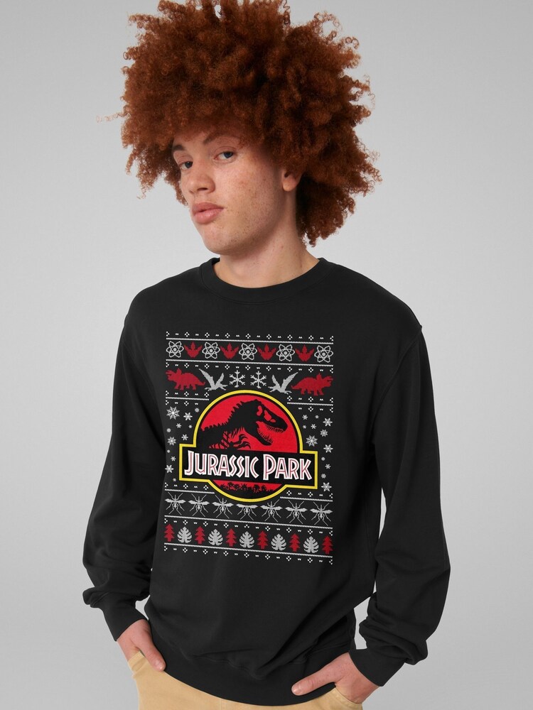 All + Every Black Jurassic Park Logo Christmas Knit Pattern Sweatshirt - Image 2 of 4 All + Every Black Jurassic Park Logo Christmas Knit Pattern Sweatshirt - Image 2 of 4
