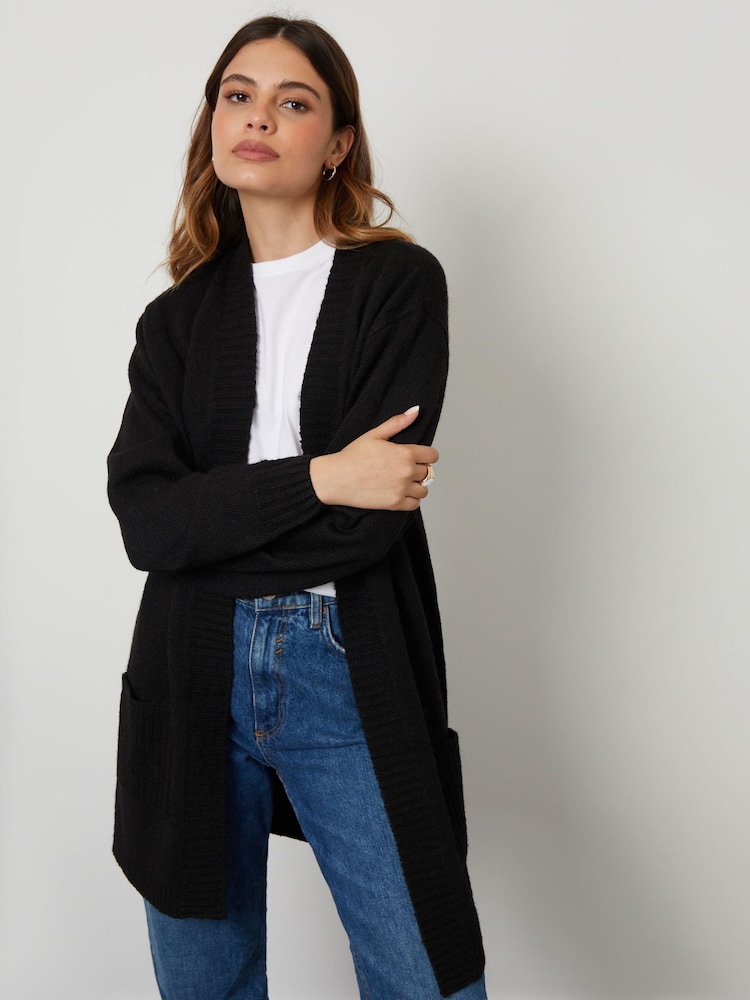 Threadbare Black Chrome Curve Longline Knitted Open Cardigan - Image 2 of 5