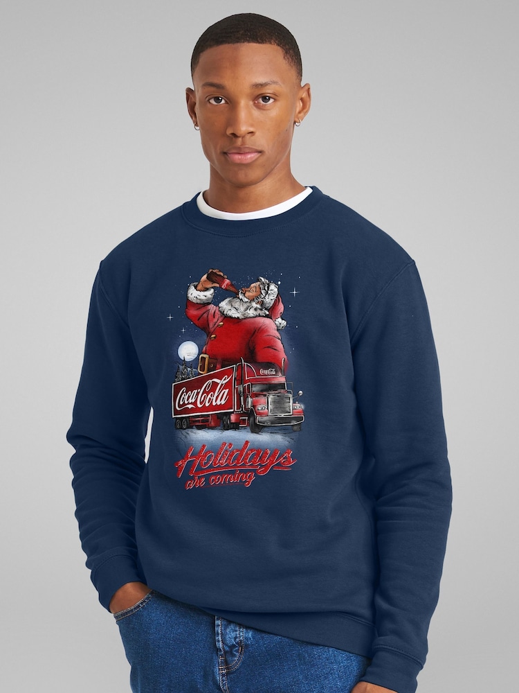 All + Every Blue Coca Cola Santa And Truck Holidays Are Coming Sweatshirt - Image 2 of 4