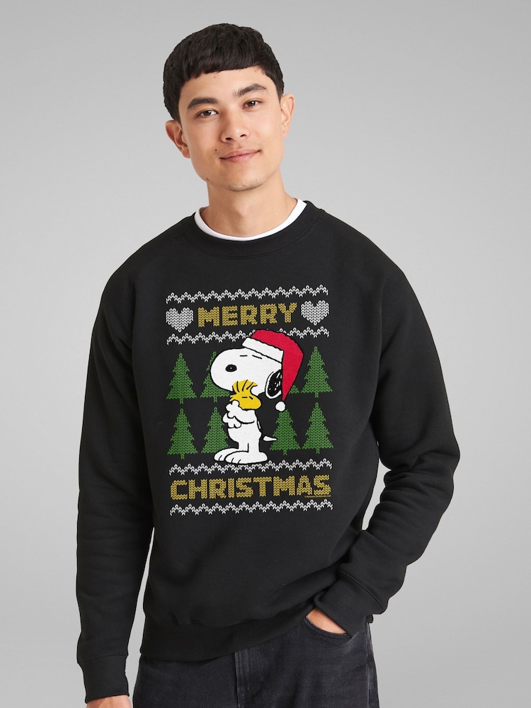 All + Every Black Peanuts Snoopy Hugs Merry Christmas Knit Pattern Sweatshirt - Image 1 of 4 All + Every Black Peanuts Snoopy Hugs Merry Christmas Knit Pattern Sweatshirt - Image 1 of 4