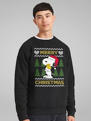 All + Every Black Peanuts Snoopy Hugs Merry Christmas Knit Pattern Sweatshirt - Image 2 of 4