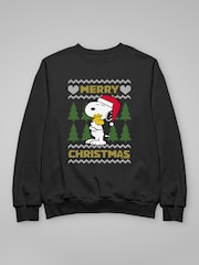 All + Every Black Peanuts Snoopy Hugs Merry Christmas Knit Pattern Sweatshirt - Image 3 of 4